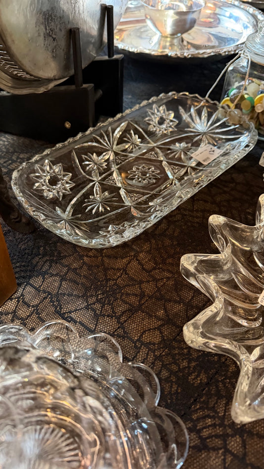 Vintage clear pressed glass oblong relish tray with starburst pattern